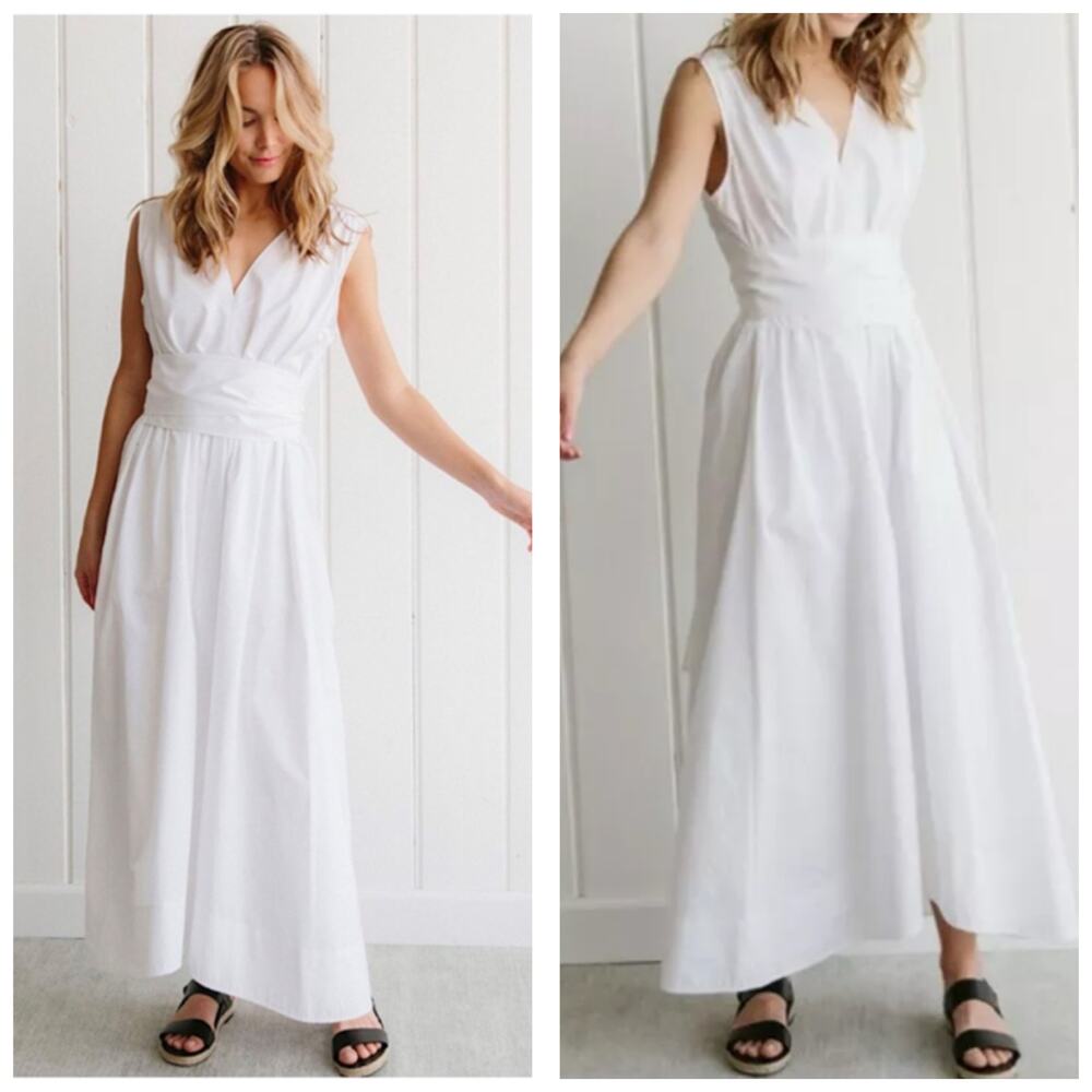 Jenni Kayne Sleeveless Kate Midi Dress Medium White Cotton Poplin Lined Belted